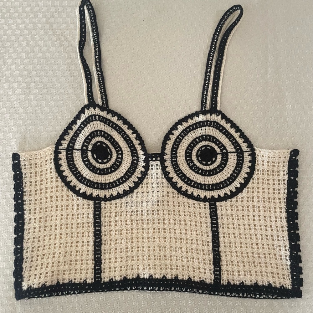 Zara Black and Cream Embroidered Top